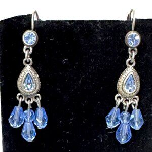 Vintage Silver Dangle Earrings Blue Topaz and Crystal Beads & Leverback Closure